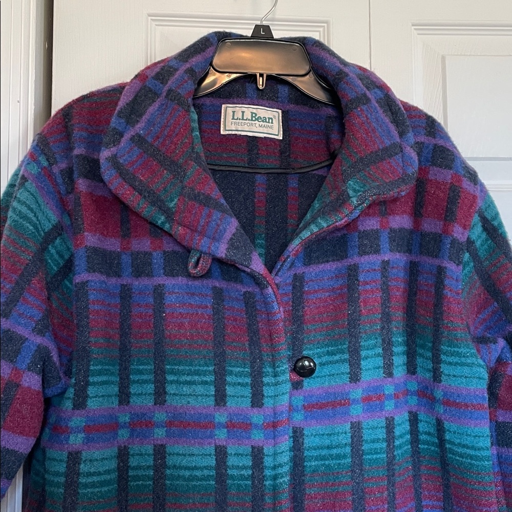 VTG 80s L.L. Bean wool blend stadium blanket Aztec coat Southwestern plaid pocke